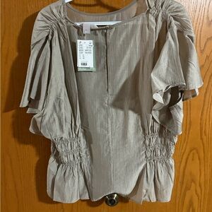 H&M Taupe Blouse with Ruched Sleeves